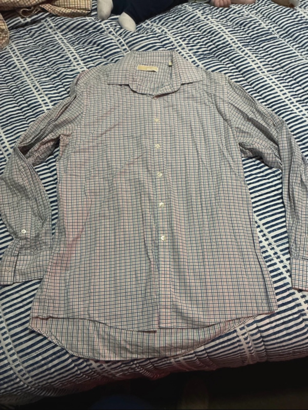 Michael Kors Men’s White Button-Up Dress Shirt with Blue & Red Micro-Check